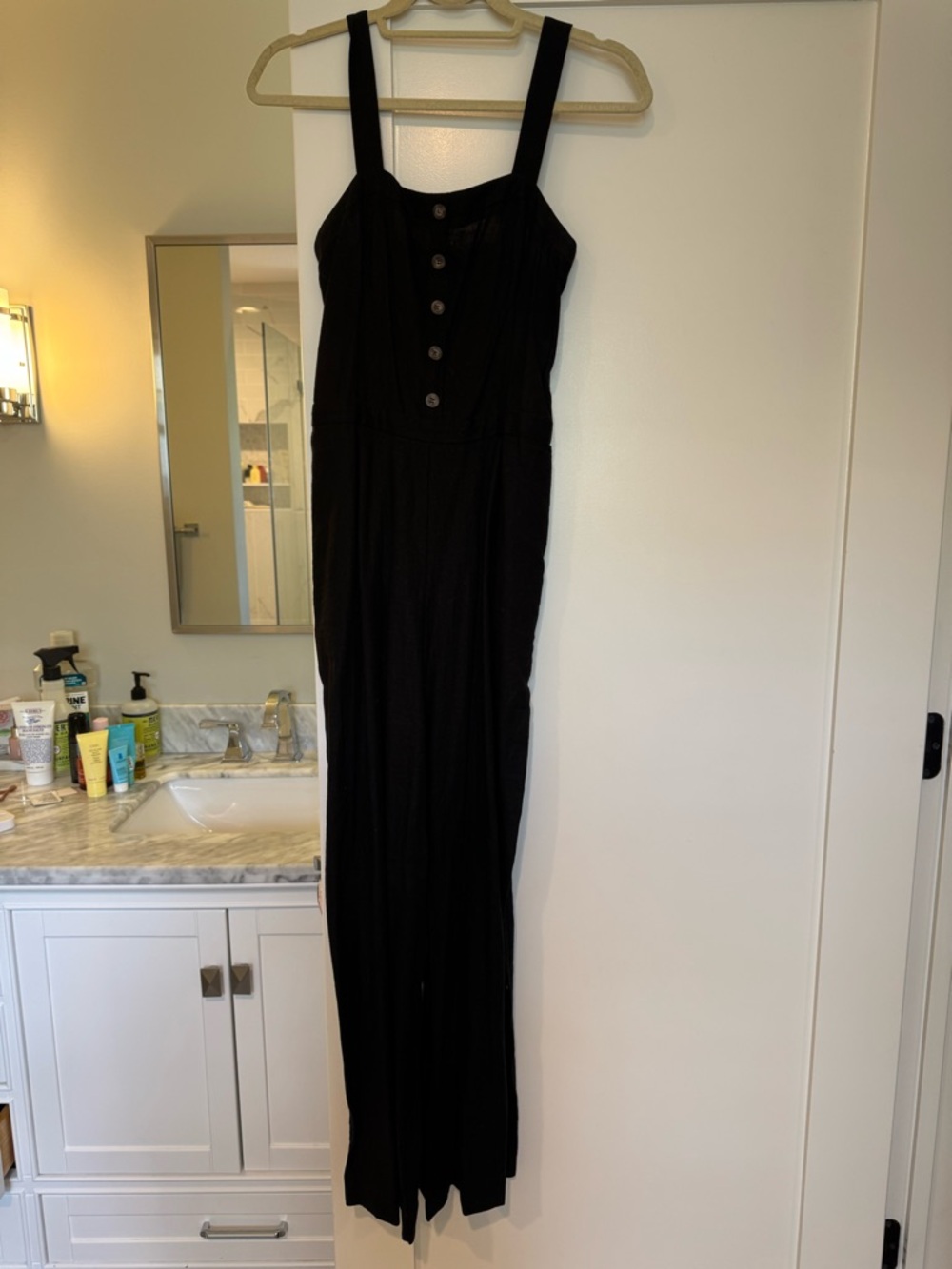 Zara Black Button-Front Wide-Leg Jumpsuit linen